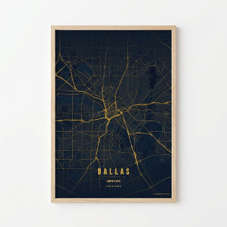 Mapa de Dallas Impressão Dourado Texas Cartaz Arte