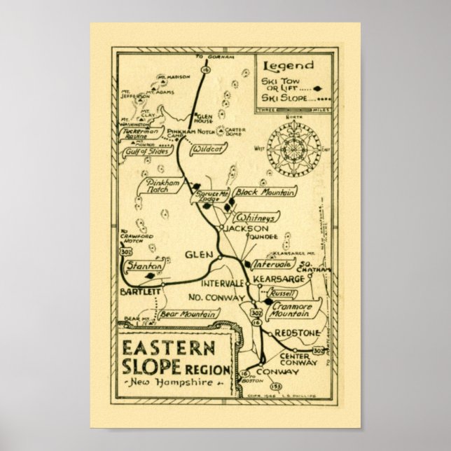 Mapa de Esqui Vintage de New Hampshire Impressão (Frente)