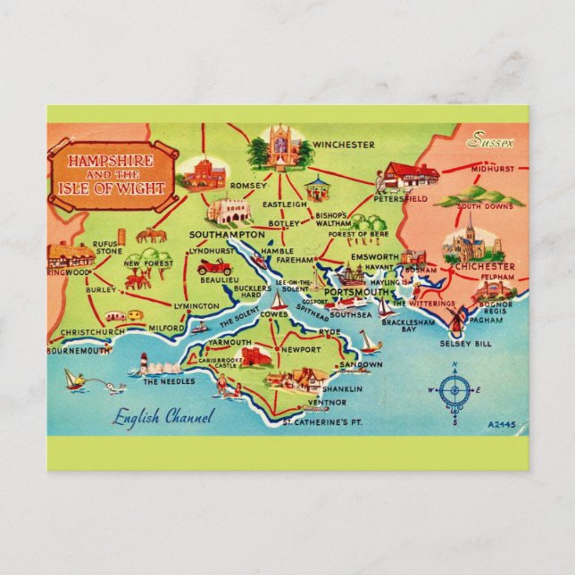 Mapa de Hampshire & Ilha de Wight em Cartão Postal (Frente)