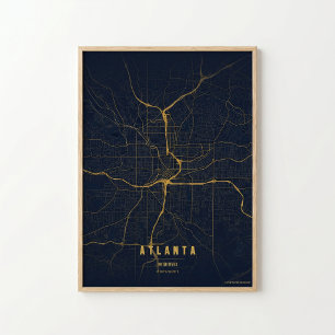 Mapa de Ouro de Atlanta Impressão Arte de Parede d