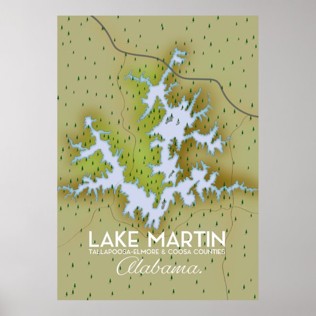 Mapa de pôster de viagem do Lago Martin Alabama. (Frente)