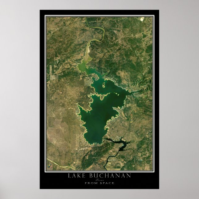Mapa de Poster por Satélite do Lago Buchanan Texas (Frente)