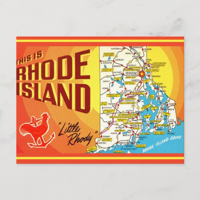 Mapa de Rhode Island em cartão postal (Frente)