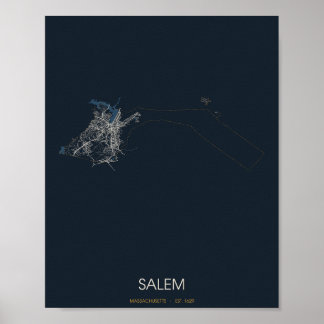 Mapa de Rua de Salem Massachusetts Poster (Noite)