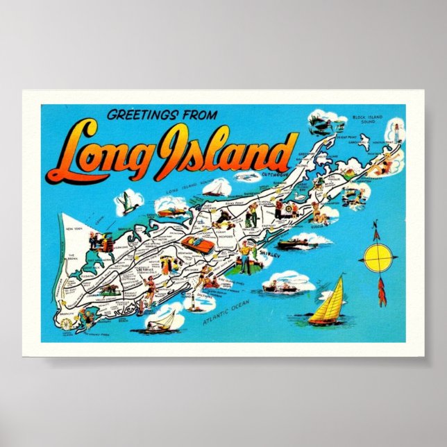 Mapa de saudação de Long Island 6x4 Impressão (Frente)