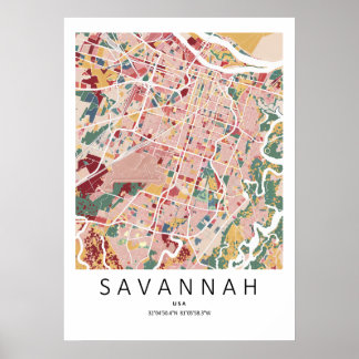 Mapa de Savannah Geórgia Poster | Arte de Parede d