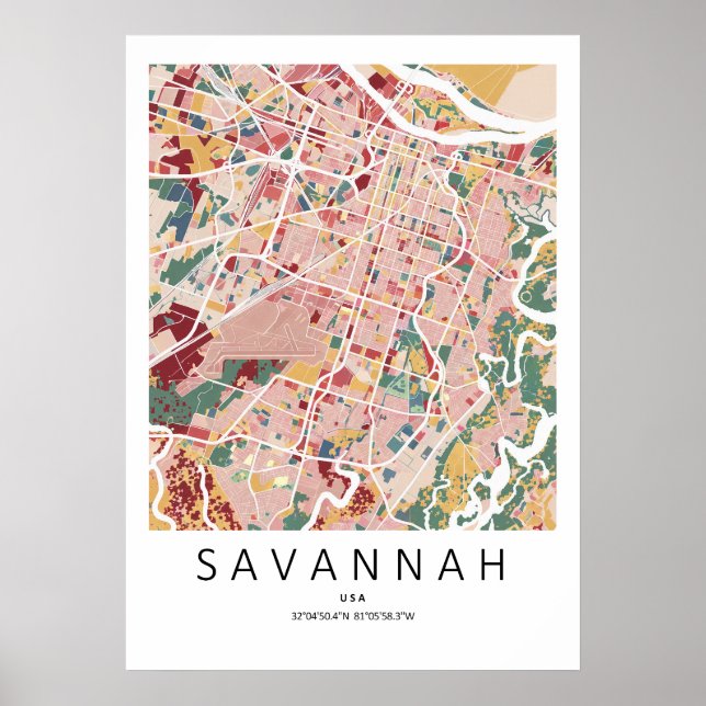Mapa de Savannah Geórgia Poster | Arte de Parede d (Frente)
