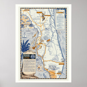 Mapa de viagem da Flórida, impressão de pôster 20x