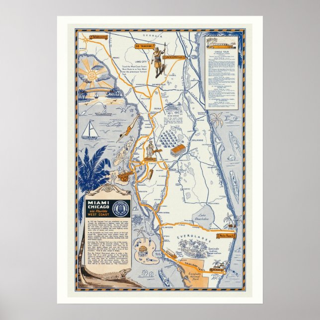 Mapa de viagem da Flórida, impressão de pôster 20x (Frente)