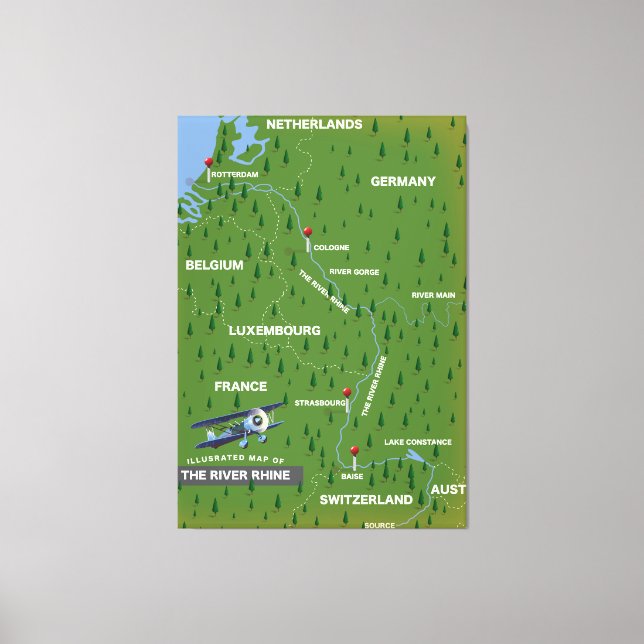 Mapa de viagem do Rio Reno. Impressão de tela (Frente)