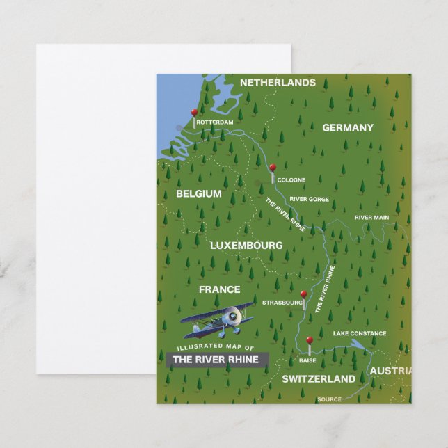 Mapa de viagem retro do rio Reno. (Frente/Verso)