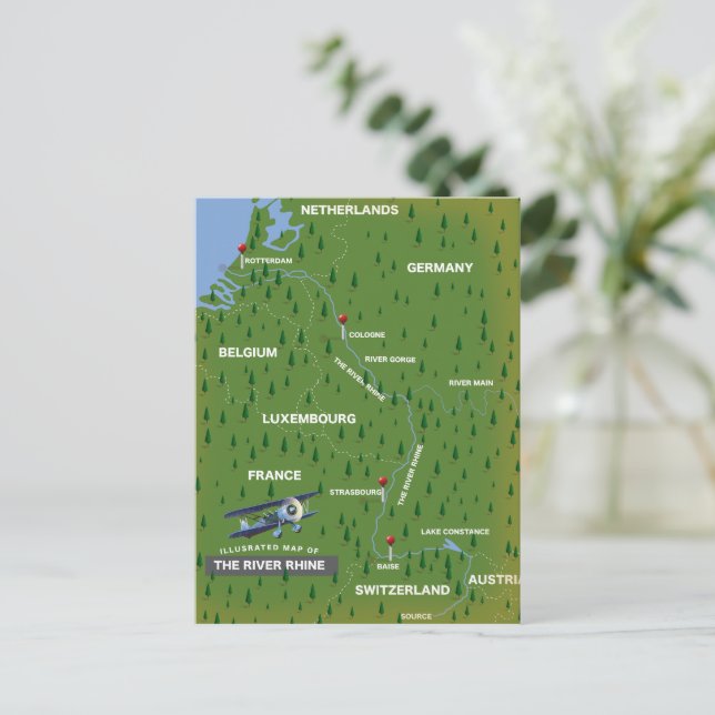 Mapa de viagem retro do rio Reno. Cartão postal (Em pé/Frente)