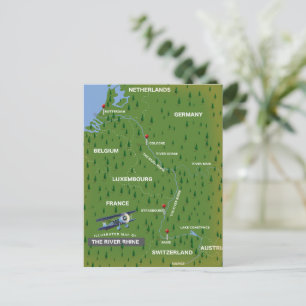 Mapa de viagem retro do rio Reno. Cartão postal