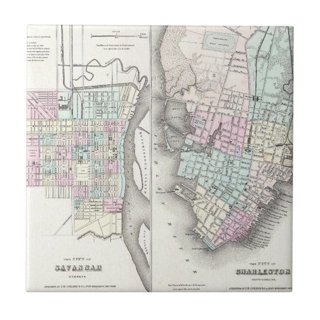 Mapa de Vintage de Savannah e Charleston (1855) (Frente)
