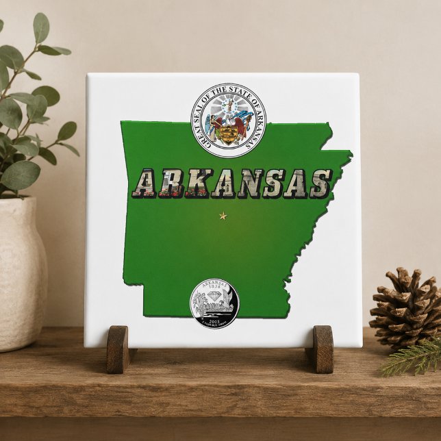 Mapa do Arkansas, Selo e Faux Quarter do Estado (Arkansas Map, Seal and State Faux Quarter Ceramic Tile)