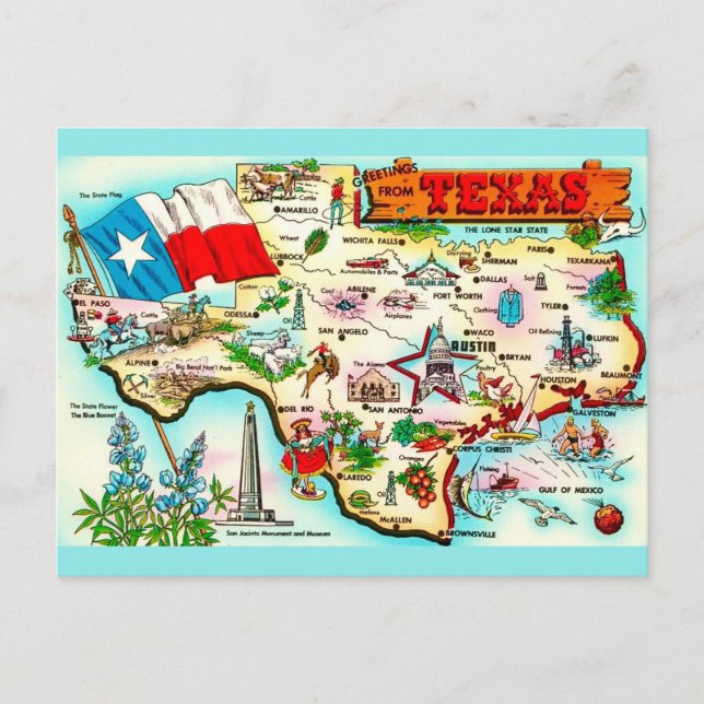 Mapa do cartão postal de saudação do Texas (Frente)