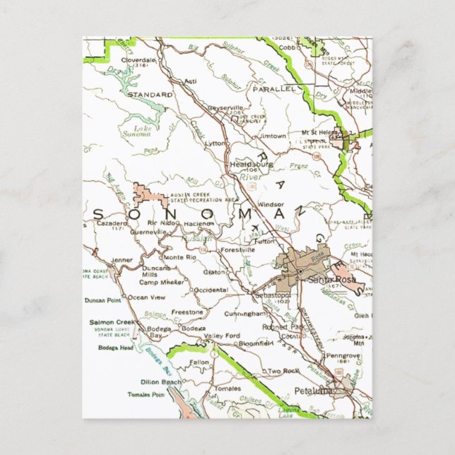 Mapa do Condado de Sonoma CA Cartão Postal (Frente)