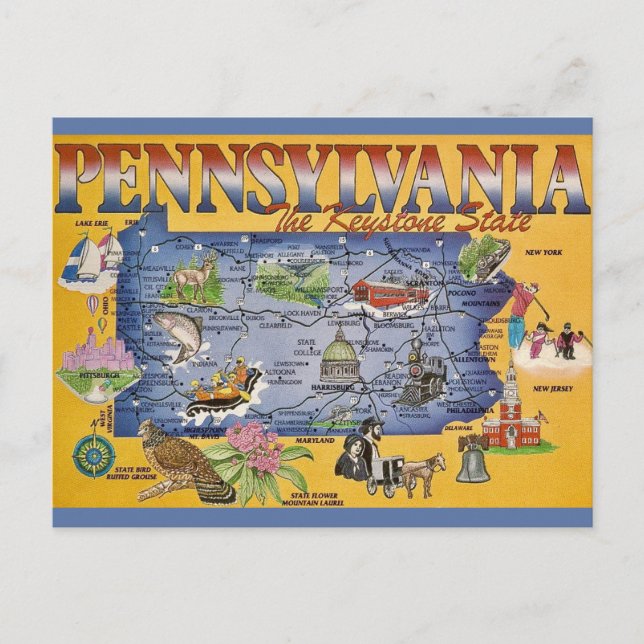 Mapa do Estado da Pensilvânia em Cartão Postal (Frente)
