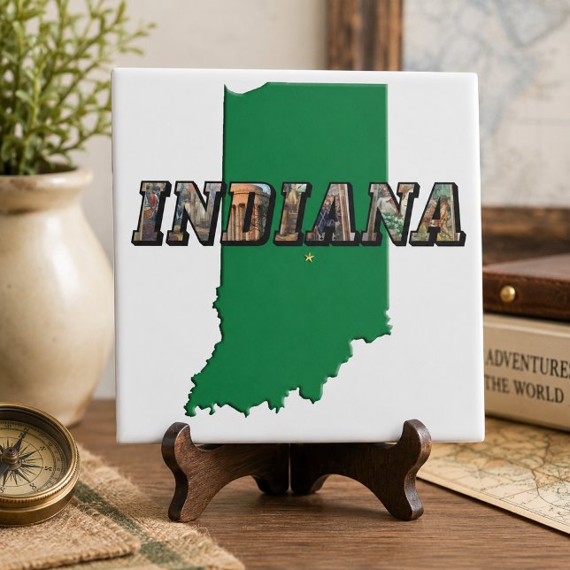 Mapa do Estado de Indiana Texto da Imagem (Indiana State Map Green Outline & Photo Text Tile)