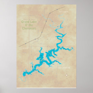 Mapa do Grand Lake OK bronzeado 21 Poster
