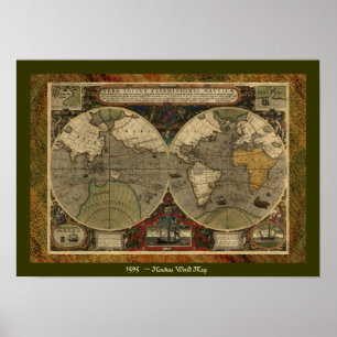 "Mapa do mundo 1595 poster histórico do mapa de