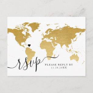 Mapa do Mundo Dourado Chic com Cartão Postal RSVP