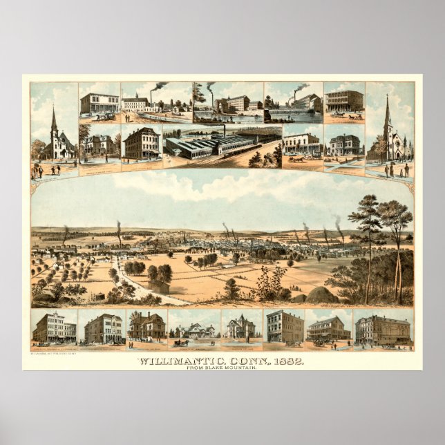 Mapa do Willimantic, CT em 1882 Poster (Frente)