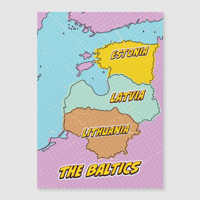 Mapa dos Estados Bálticos Ilustrados com pop Art (Frente)