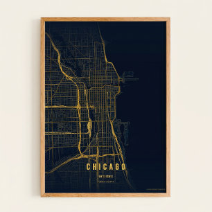 Mapa Dourado de Chicago Impressão Arte de Parede C