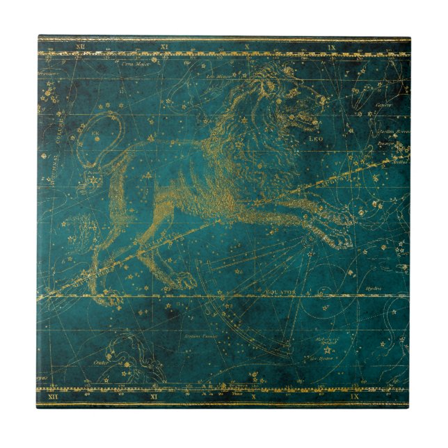 Mapa Estelar Leão Verde e Dourado Ilustrado Vintag (Frente)