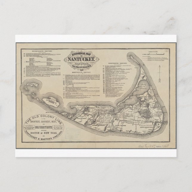 Mapa histórico do cartão postal do Nantucket (Frente)