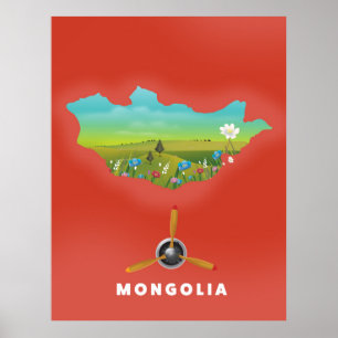 Mapa ilustrado da Mongólia, pôster de turismo.