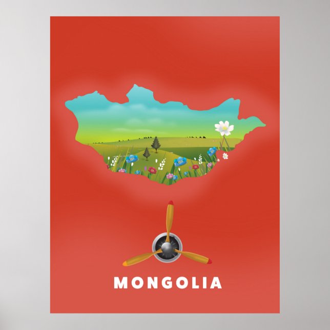 Mapa ilustrado da Mongólia, pôster de turismo. (Frente)