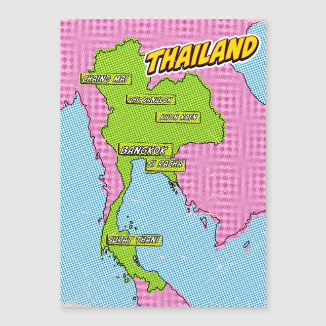 Mapa ilustrado da Tailândia em Pop Art (Frente)