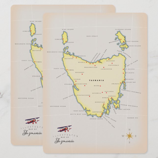 Mapa ilustrado da Tasmânia. (Frente/Verso)