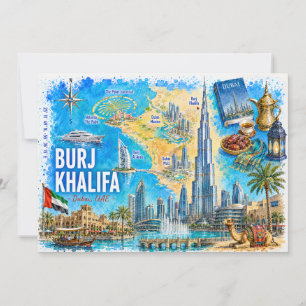 Mapa Ilustrado de Dubai UAE Cartão Postal Burj Kha
