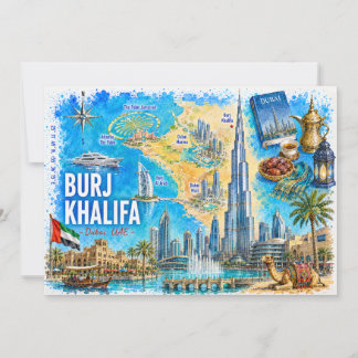 Mapa Ilustrado de Dubai UAE Cartão Postal Burj Kha