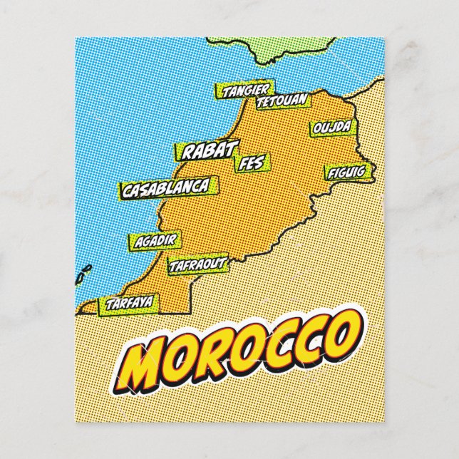 Mapa ilustrado de Marrocos em Pop Art (Frente)