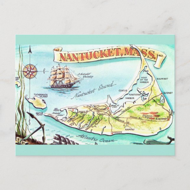 Mapa Ilustrado de Nantucket MA em Cartão Postal (Frente)