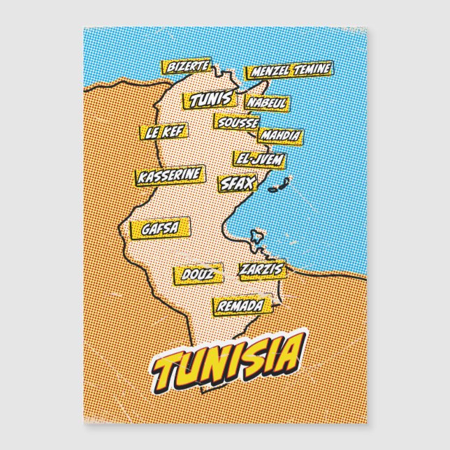 Mapa ilustrado de Tunísia em Pop Art (Frente)