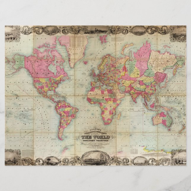 Mapa mundial antigo de John Colton, cerca de 1854 (Frente)
