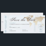 Mapa Mundial Azul de Viagem Antiga Cartão de Embar<br><div class="desc">Modelo de passagem aérea de embarque para cartão de "Save the Date" de casamento com um mapa antigo ou estética de globo vintage em azul desbotado e marrom bege com fontes autênticas e fontes, texto e cores completamente editáveis para ajudá-lo a criar seu anúncio de data de casamento com passagem...</div>