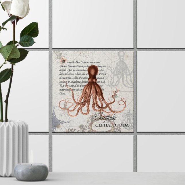 Mapa náutico 🐙 Octopus Vintage vitoriano (Nautical Map 🐙 Victorian Vintage Octopus Ceramic Tile
)