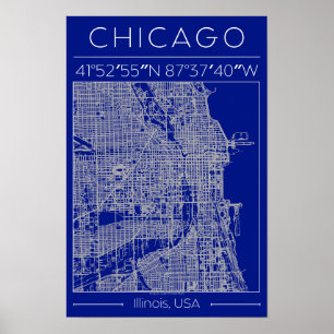 Mapa Poster da Cidade de Chicago Blueprint Azul Mi