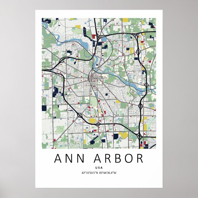 Mapa Poster de Ann Arbor Michigan | Arte de Mapa L (Frente)