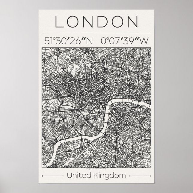 Mapa Poster de Londres no Carvão Cidade Minimalist (Frente)