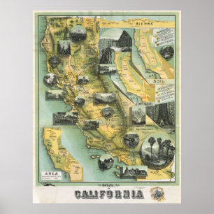 Mapa Poster Pictórico Vintage da Califórnia 1888