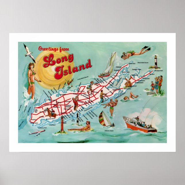 Mapa Retro Long Island 20x28 Impressão (Frente)