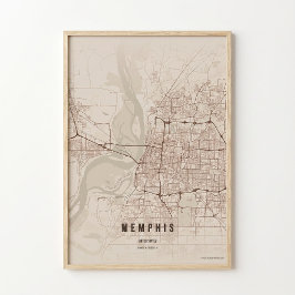 Mapa Rústico de Memphis Impresso em Poster de Tenn