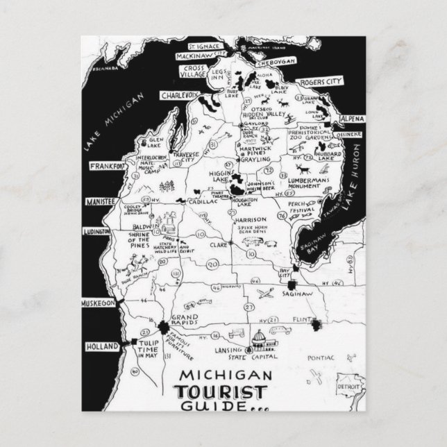 Mapa turístico de Michigan em cartão postal (Frente)